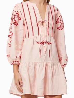 Greek Archaic Kori Linen Boho Embroidered Mini Dress in Pink Medium